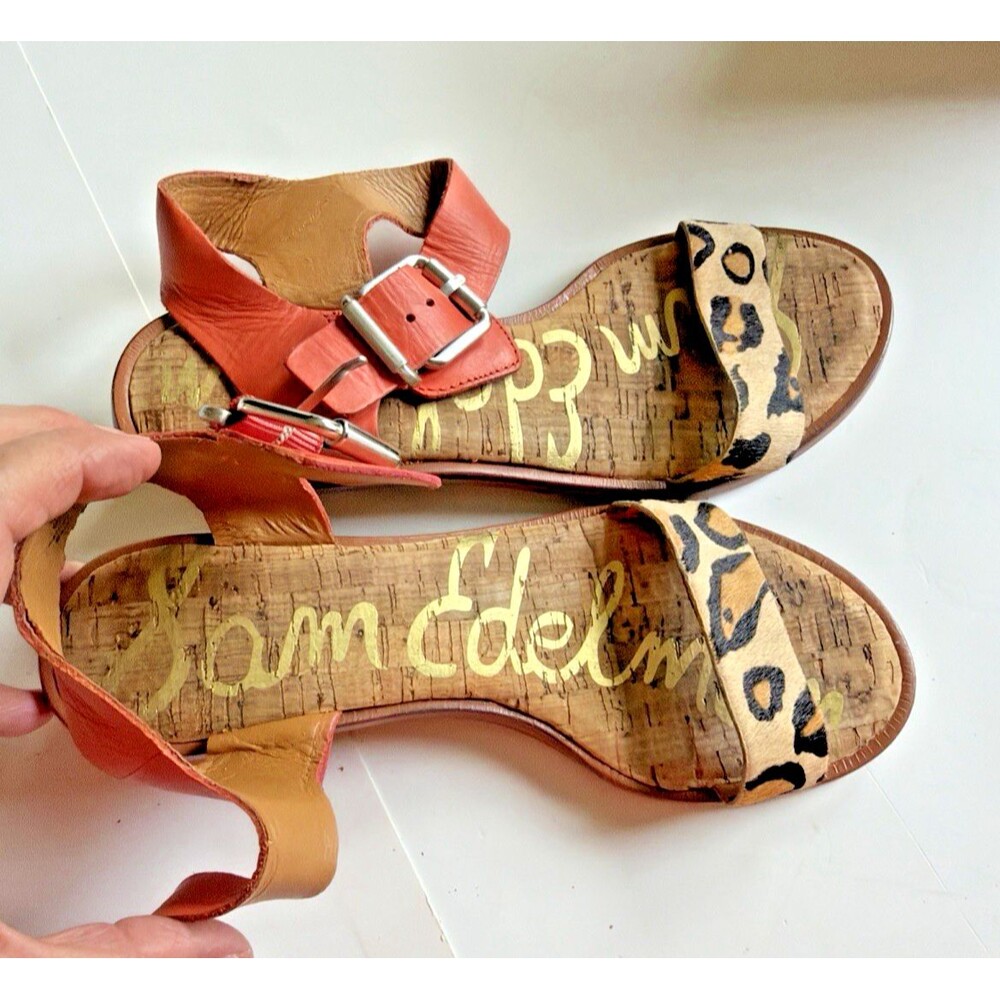 Sam Edelman Trina Sandals Leopard Print Mandarin Orange Cork Block Heel 6M - Picture 9 of 16